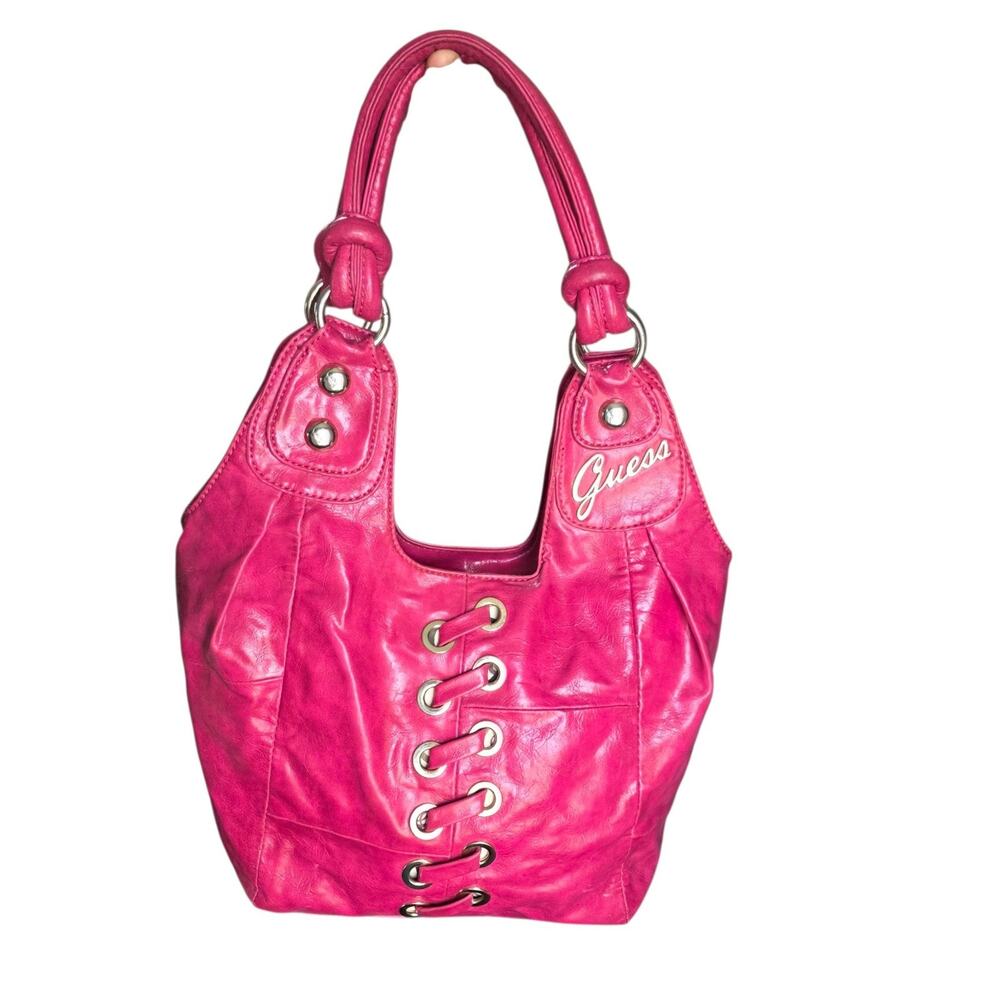 Guess Pink Hobo Shoulder Bag Lace Up Grommet Y2K Purse Satchel Handbag